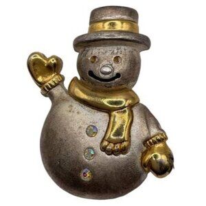 Vintage Snowman Brooch Pin Gold & Silver Tone Rhinestone Accents Holiday Jewelry